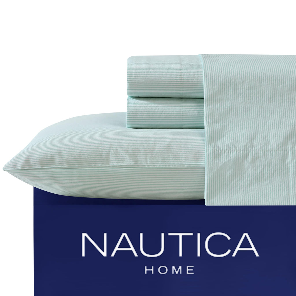 Nautica - Twin Xl Sheet Set, Cotton Percale Bedding Set, Crisp & Cool, Lightweight & Breathable (Penny Pinstripe White, Twin Xl)