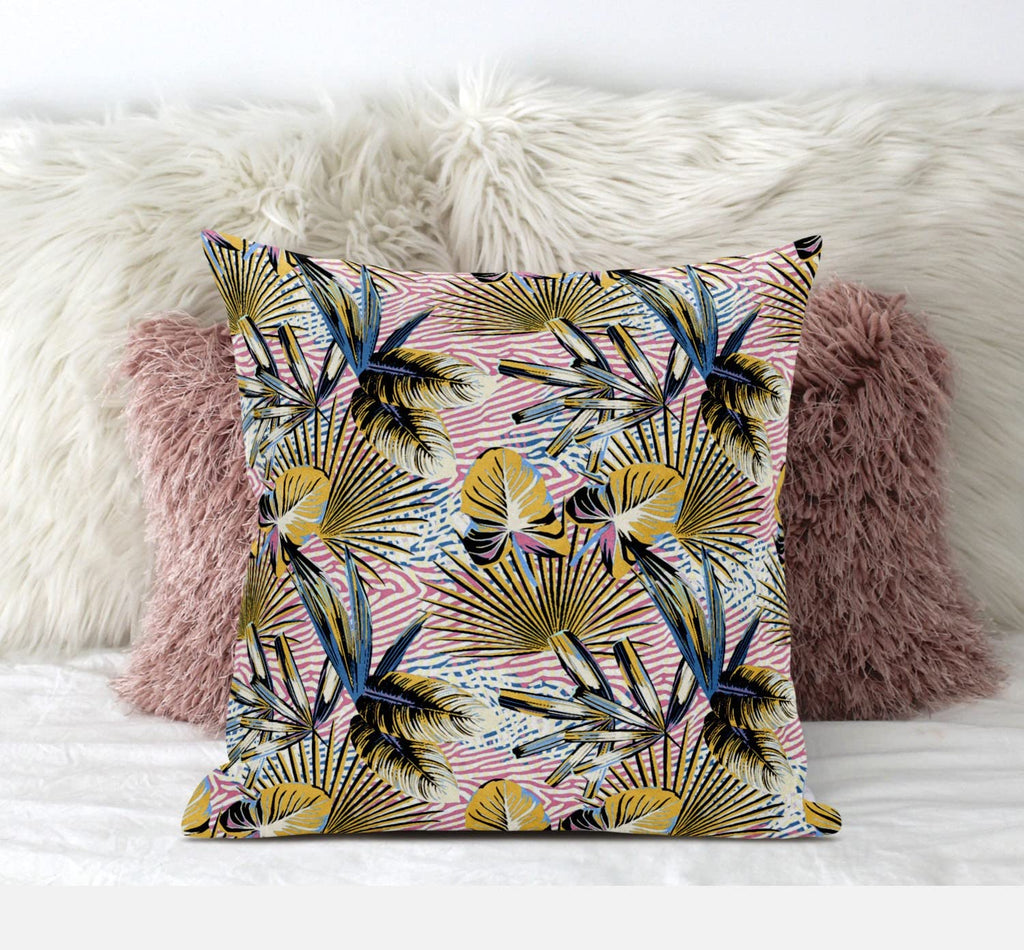 HomeRoots White Light Blue 20â€ Gold Pink Tropical Zippered Suede Throw Pillow
