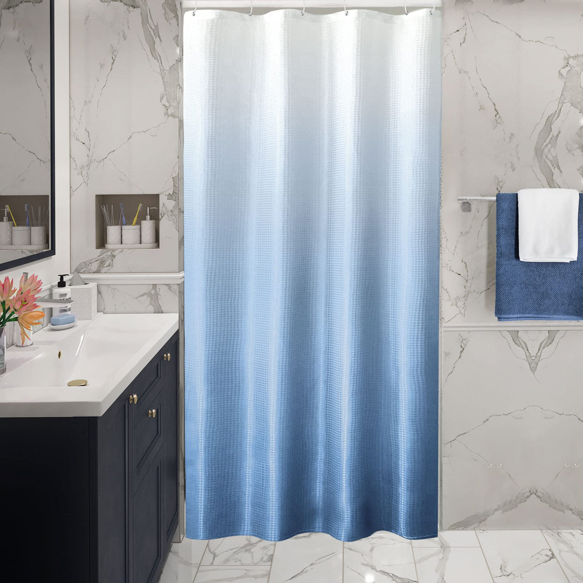 Gibelle Small Stall Shower Curtain 36 x 72, Narrow Blue Ombre Shower Curtain for Bathroom, Waffle Weave Fabric Shower Curtain Se