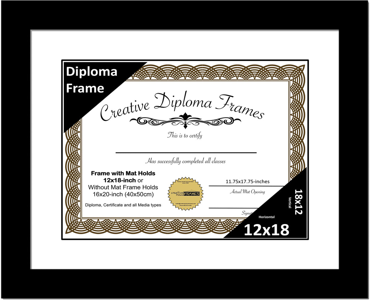 Creative Picture Frames 12x18 Classic Black Diploma Frame with White Mat Glass Easel and Installed Wall Hangers | Frame Holds 16