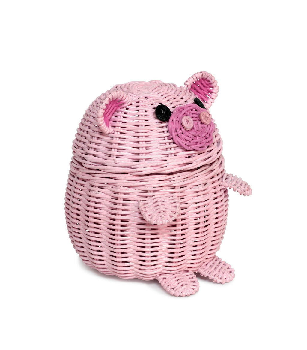 G6 Collection Pig Rattan Storage Basket With Lid Decorative Bin Home Decor Hand Woven Shelf Organizer Cute Handmade Handcrafted