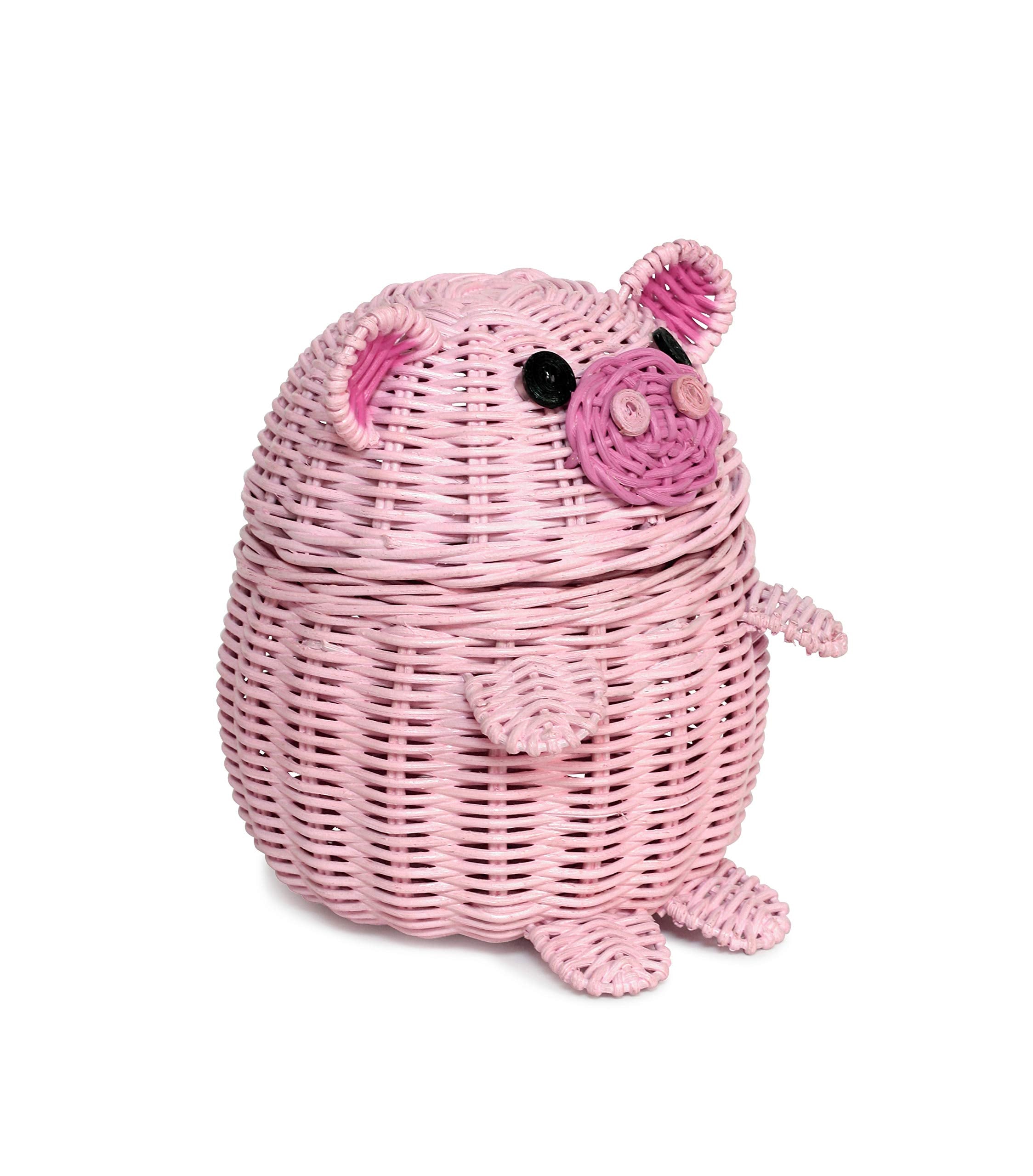 G6 Collection Pig Rattan Storage Basket With Lid Decorative Bin Home Decor Hand Woven Shelf Organizer Cute Handmade Handcrafted