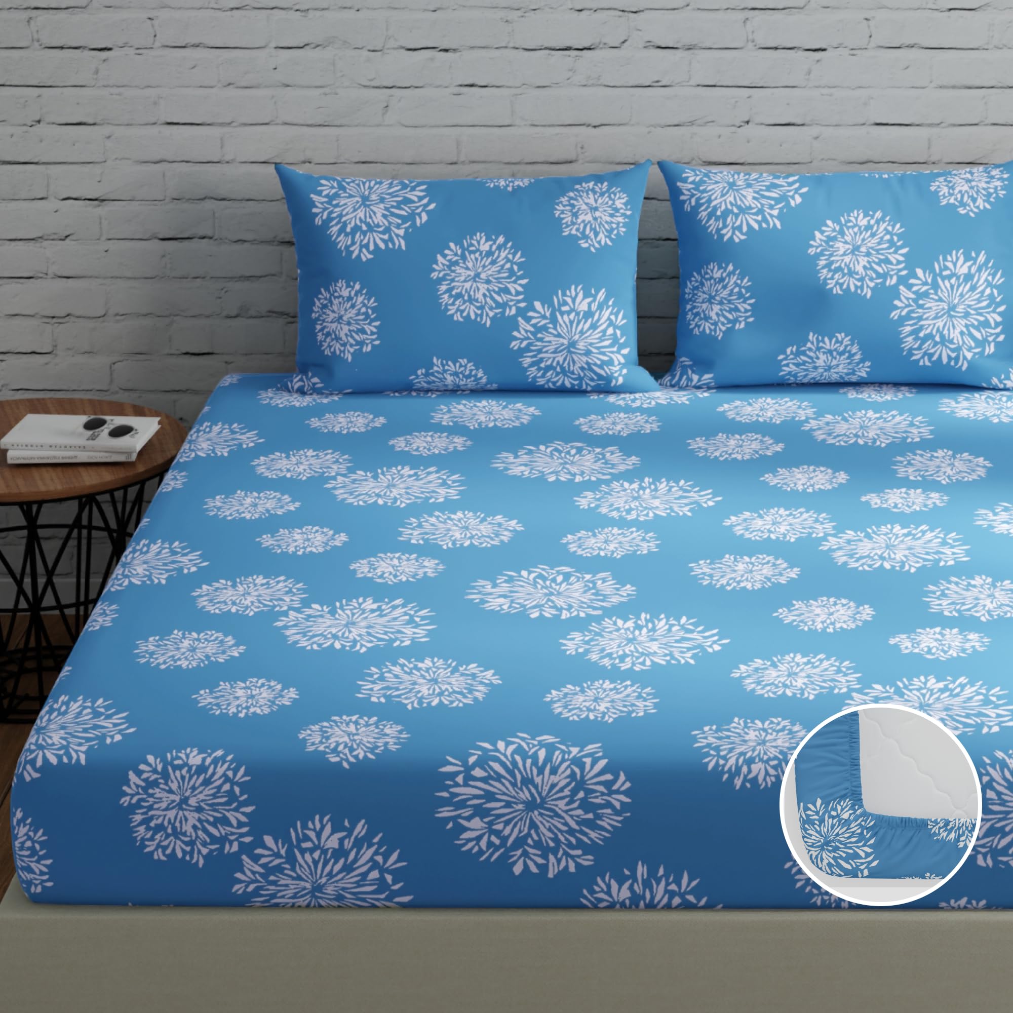 Huesland By Ahmedabad Cotton 144 Tc Fitted Bedsheet King Size Cotton With 2 Pillow Covers  Color | 6Ft X 6.5Ft | Blue