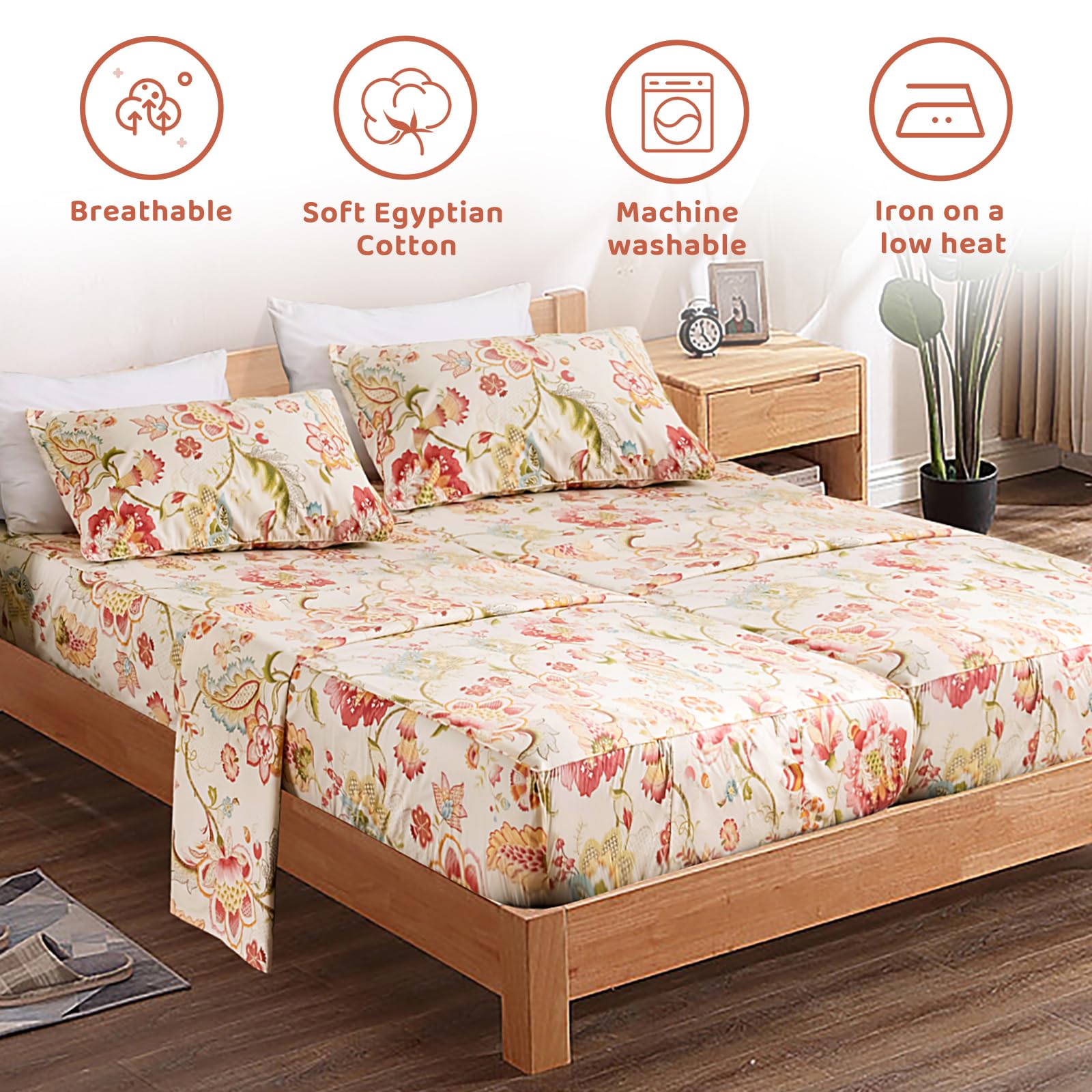 Qsh 100% Egyptian Cotton Floral Sheets For Split King Size Bed, Red Yellow Flowers Plant Pattern Botanical Printed Bedding Deep