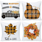 18x18 Fall Pillow Cover Set of 4 Harvest Buffalo Plaid Wreath Pumpkin Maple Leaves Truck Throw Pillows Cases Thanksgiving Hallow