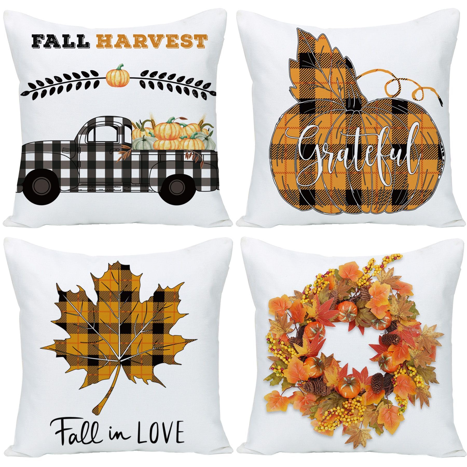 18x18 Fall Pillow Cover Set of 4 Harvest Buffalo Plaid Wreath Pumpkin Maple Leaves Truck Throw Pillows Cases Thanksgiving Hallow