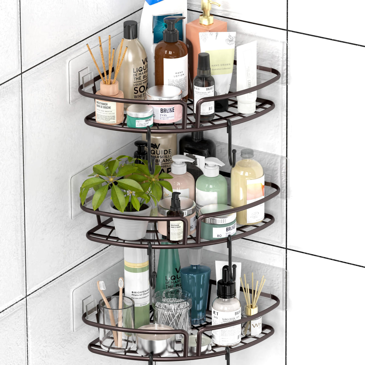 SimpleHouseware Bathroom Adhesive Wall Mount SingleTier Corner Shower Caddy, Bronze, (Set of 3)