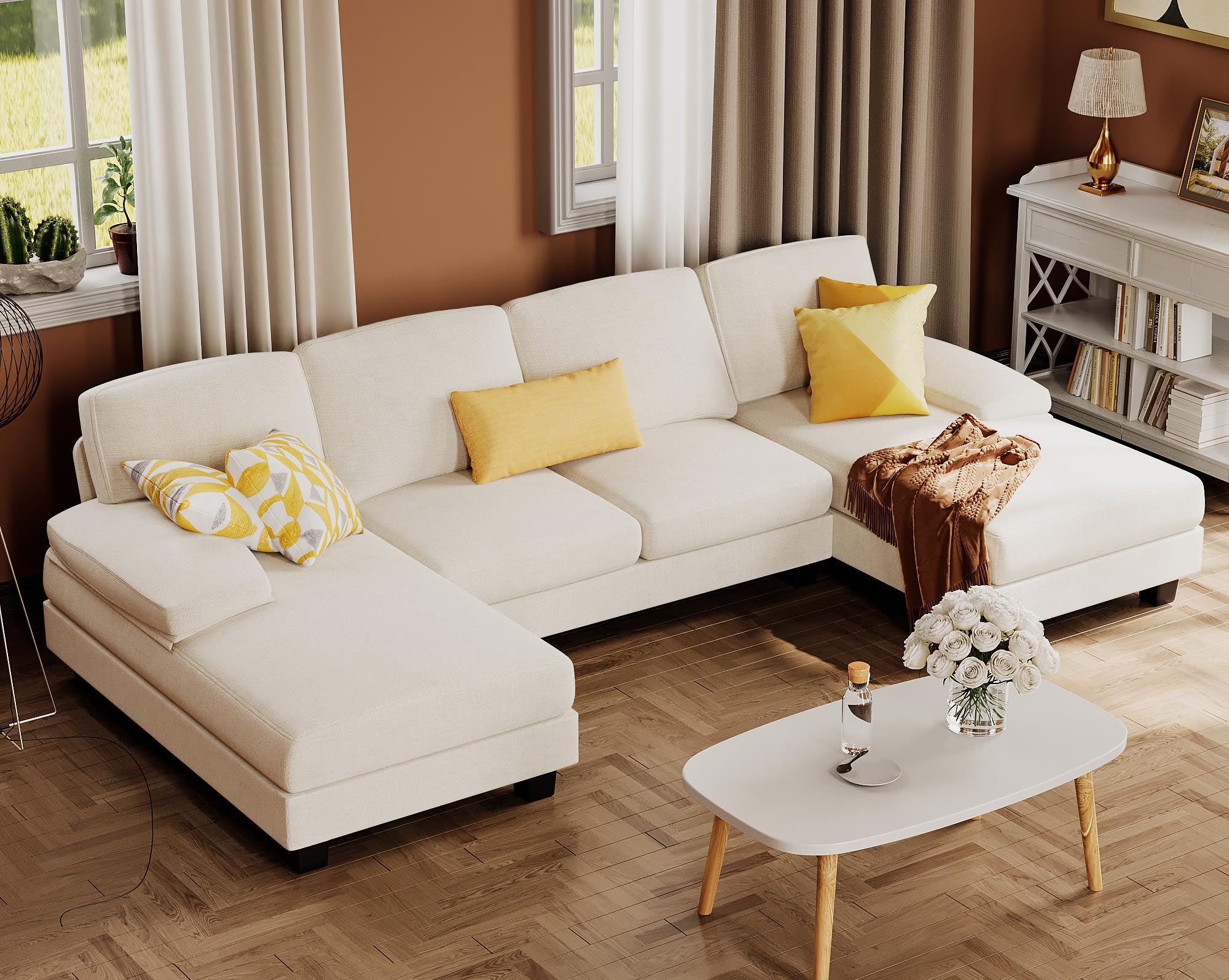 Furmax Sectional Couches For Living Room, U-Shaped Sofa Couch With Linen Fabric, 4 Seat Sofa Set With Double Chaise For Apartment (Fabric, White)