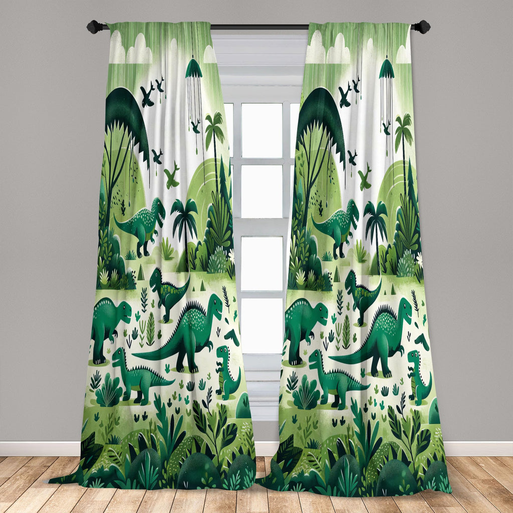 Ambesonne Dinosaur Window Curtains Pack Of 2, Modern Artwork Of Jurassic Scenario With Dino Animals And Wild Jungle, Lightweight