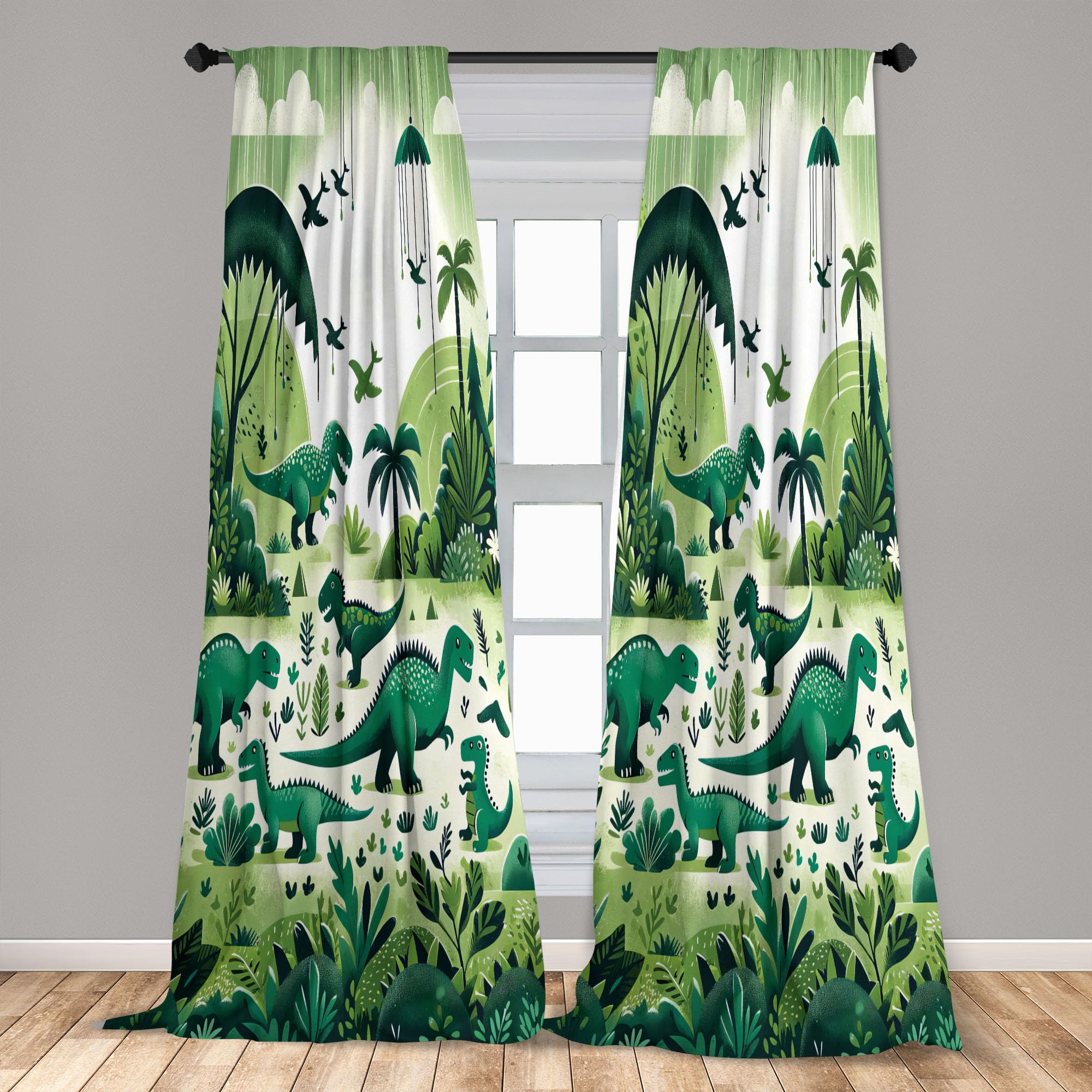 Ambesonne Dinosaur Window Curtains Pack Of 2, Modern Artwork Of Jurassic Scenario With Dino Animals And Wild Jungle, Lightweight