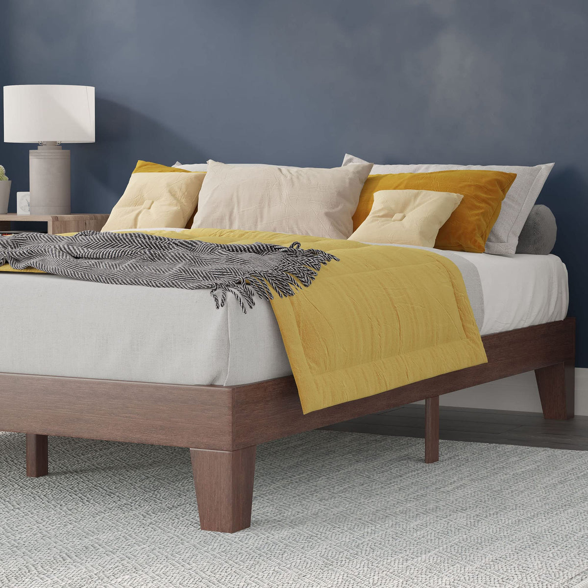 Flash Furniture Evelyn Wooden Platform Bed - Walnut Finish - Queen - Wooden Slat Support - No Box Spring Required - Easy Assembly