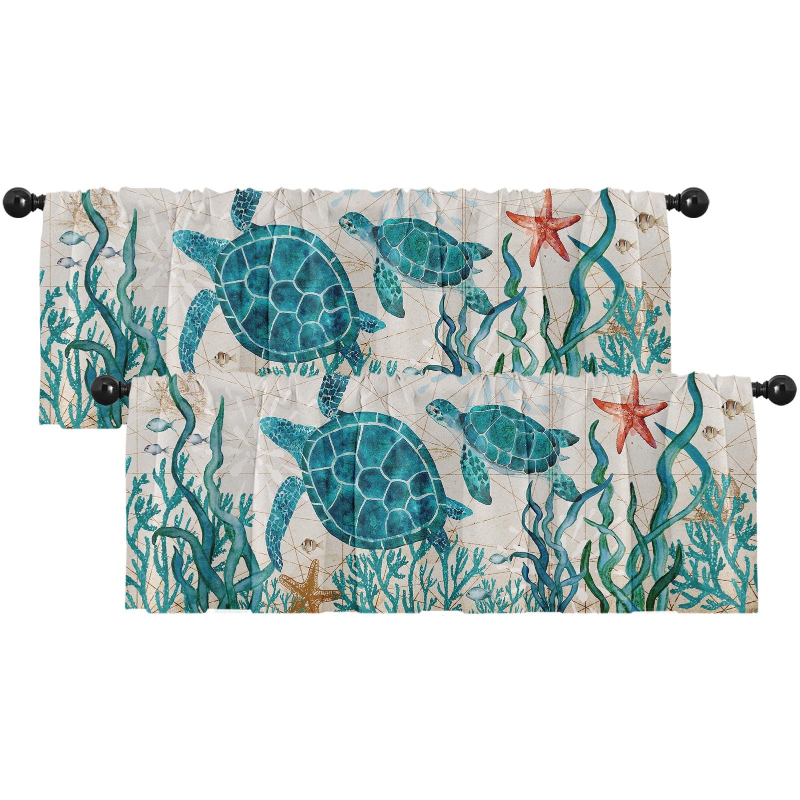 Emvency 2 Pack Valances Window Treatments,Summer Ocean Turtle Sea Vintage Blue Blackout Drapes Adjustable Curtain Valances For W