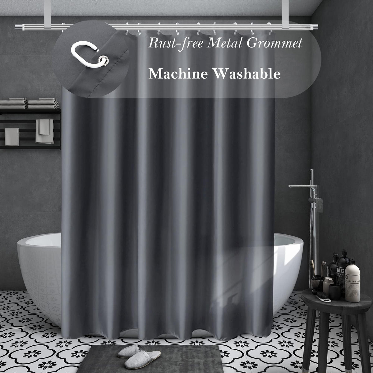 Aoohome Fabric Shower Curtain 54 Width X 72 Height Inch, Solid Color Bath Curtain With Hooks For Hotel, Water Repellent, Dark Gr