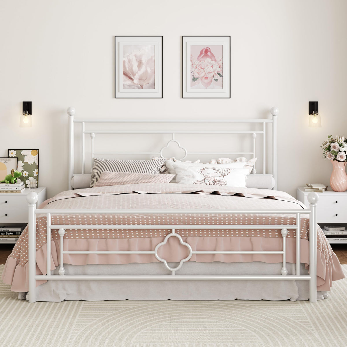 Sha Cerlin 14 Inches King Size Metal Platform Bed Frame/Vintage Iron-Art Headboard And Footboard/Mattress Foundation For Storage/No Box Spring Needed/Noise-Free/Easy Assembly/White