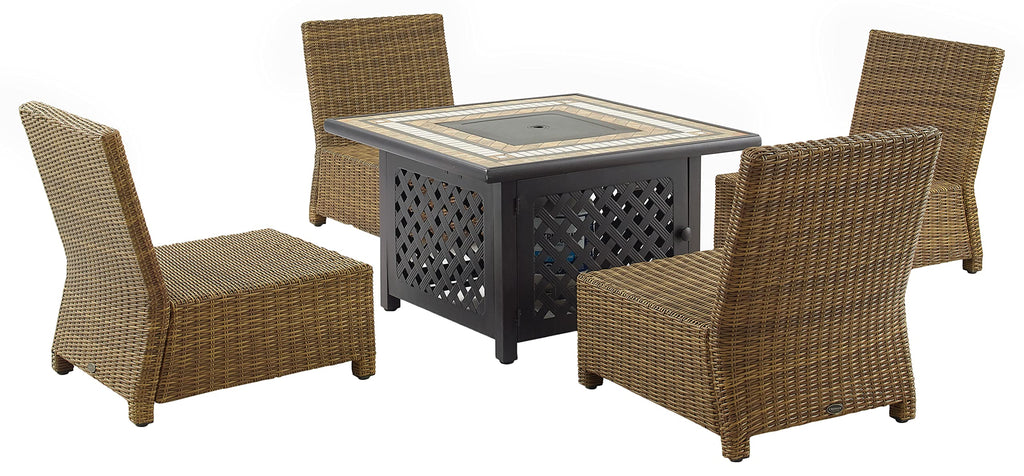Crosley Furniture Bradenton 5-Piece Wicker Outdoor Chair Patio Furniture Set with Propane Gas Fire Pit Table, Brown with Sand Cushions