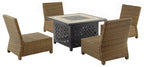 Crosley Furniture Bradenton 5-Piece Wicker Outdoor Chair Patio Furniture Set with Propane Gas Fire Pit Table, Brown with Sand Cushions