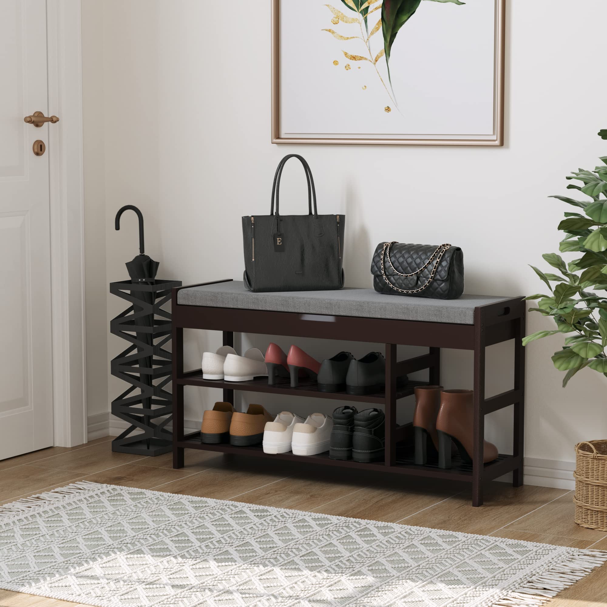 HIFIT Bamboo Shoe Bench Rack with Storage, Entryway Storage Oiganizer Shelf with Padded Seat for Mudroom Bathroom, Vintage