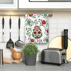 Mexican Skull Cute Floral Kitchen Dish Towels Set Of 2, 16'X 24' Cotton Absorbent Drying Cloth, Day Of The Dead Kitchen Towels