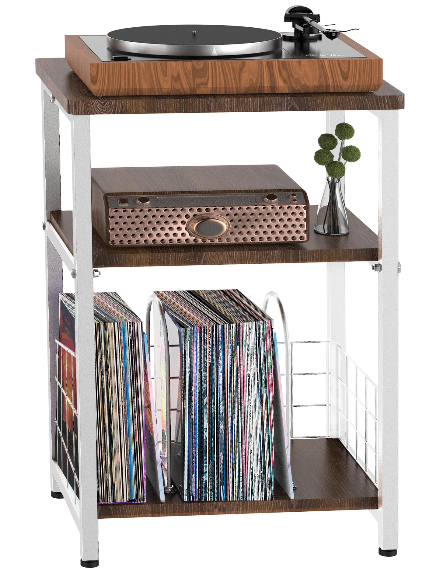 Tuohours Record Player Stand, 3 Tier End Side Table with Vinyl Record Storage Basket, Turntable Table up to 100 Albums Record Sh