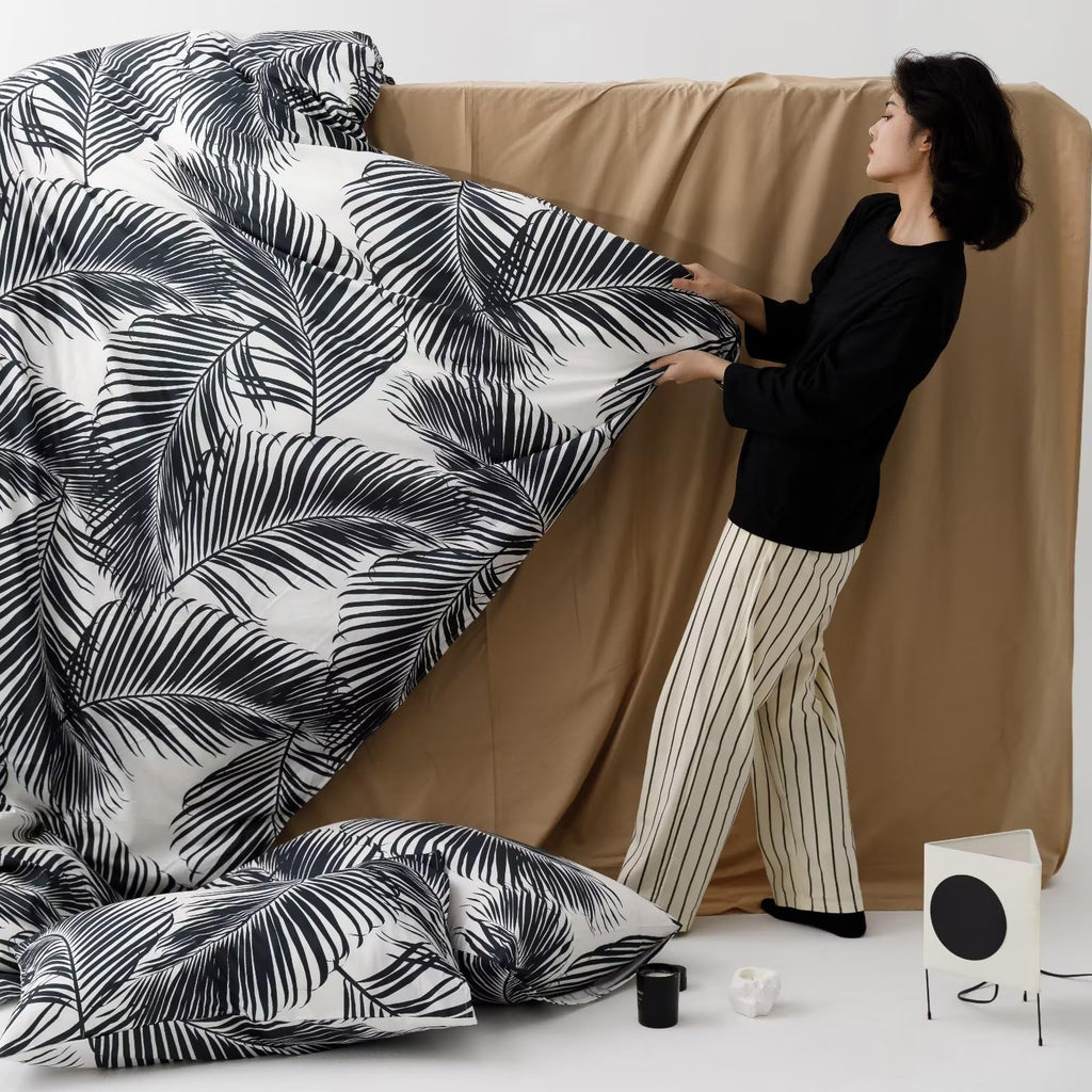 Karever Black Leaves Comforter Queen Black And White Palm Leaf Printed Comforter Sets Modern Boho Black Tropical Botanical Leave