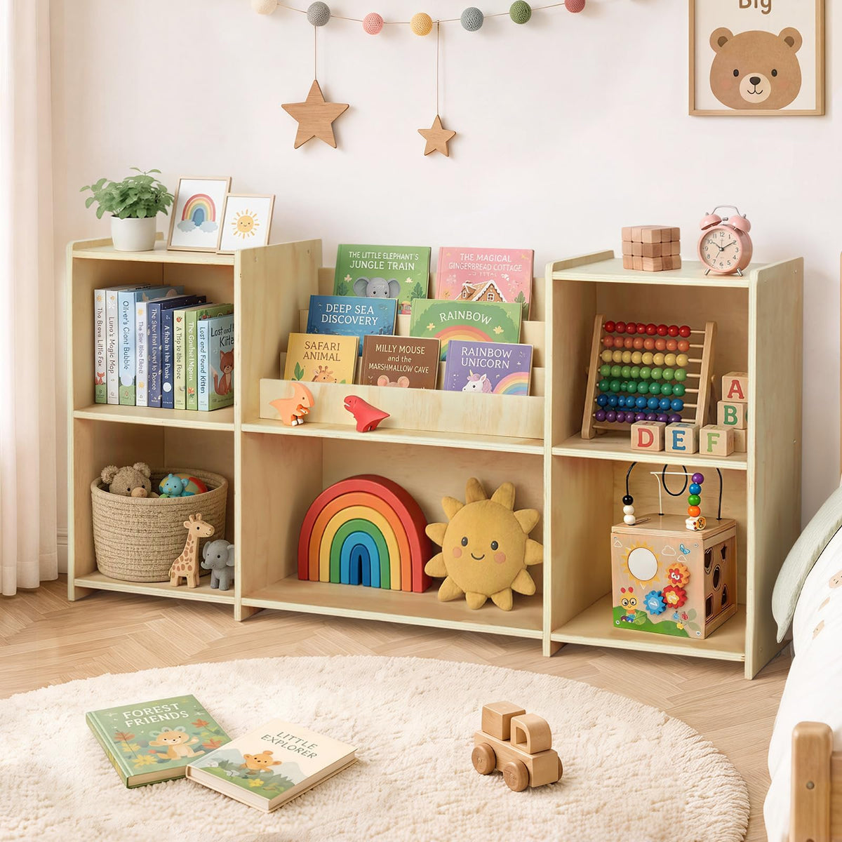 PTINFLUCE Montessori Bookshelf for Kids, Wooden Toy Storage Organizer