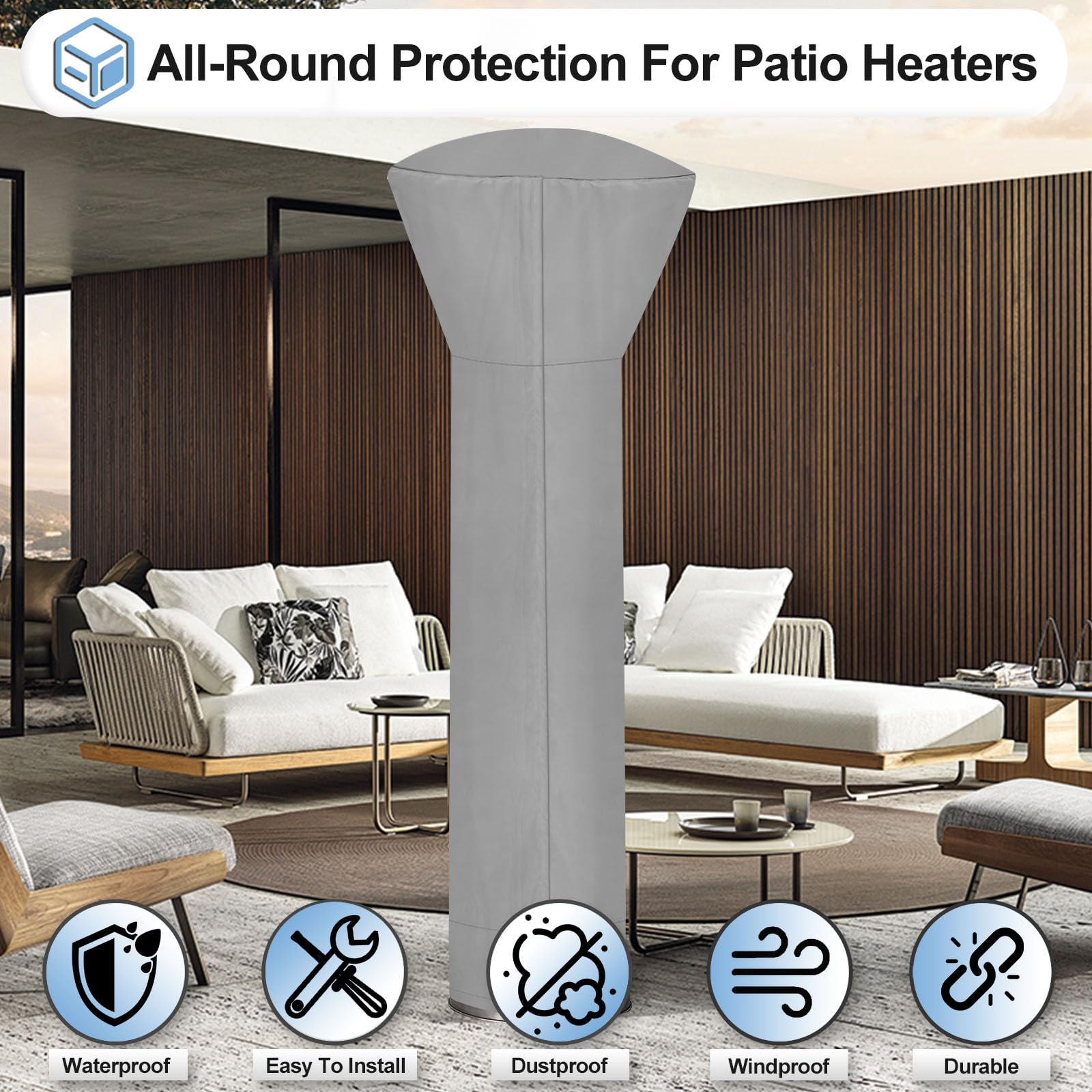Outdoorlines Waterproof Outdoor Patio Heater Covers With Zipper And Storage Bag, Dust-Proof Uv-Resistant Windproof Propane Heavy Duty Heater Cover For Standing Heater, 1 Pack-89Hx33Dx19B Inch Grey