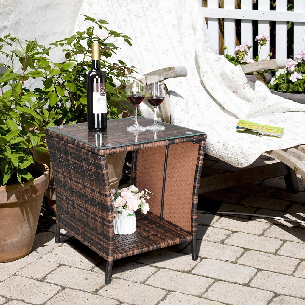 Vingli Outdoor Wicker Side Table Patio Side Tables For Outside, Tempered Glass Top Wicker Table With Storage End Table For Balcony Porch Deck (Brown)