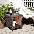 Vingli Outdoor Wicker Side Table Patio Side Tables For Outside, Tempered Glass Top Wicker Table With Storage End Table For Balcony Porch Deck (Brown)