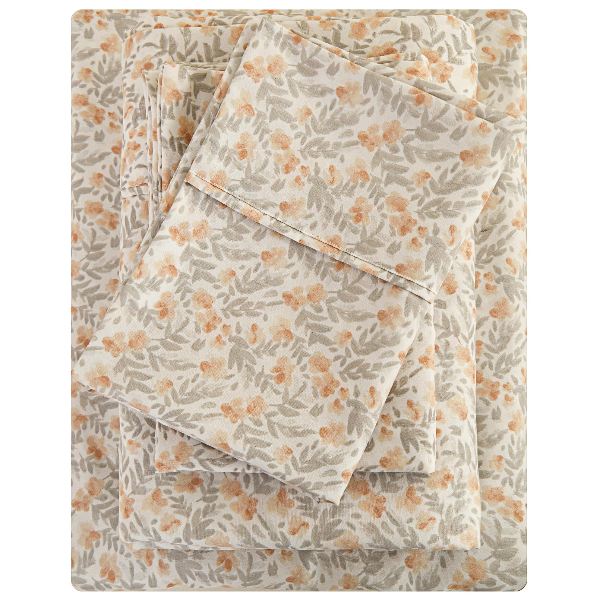 Viviland Floral Full Sheet Set 4 Pieces Light Orange Flower Bed Sheet Soft Breathable Brushed Microfiber Bedding Sheets & Pillow