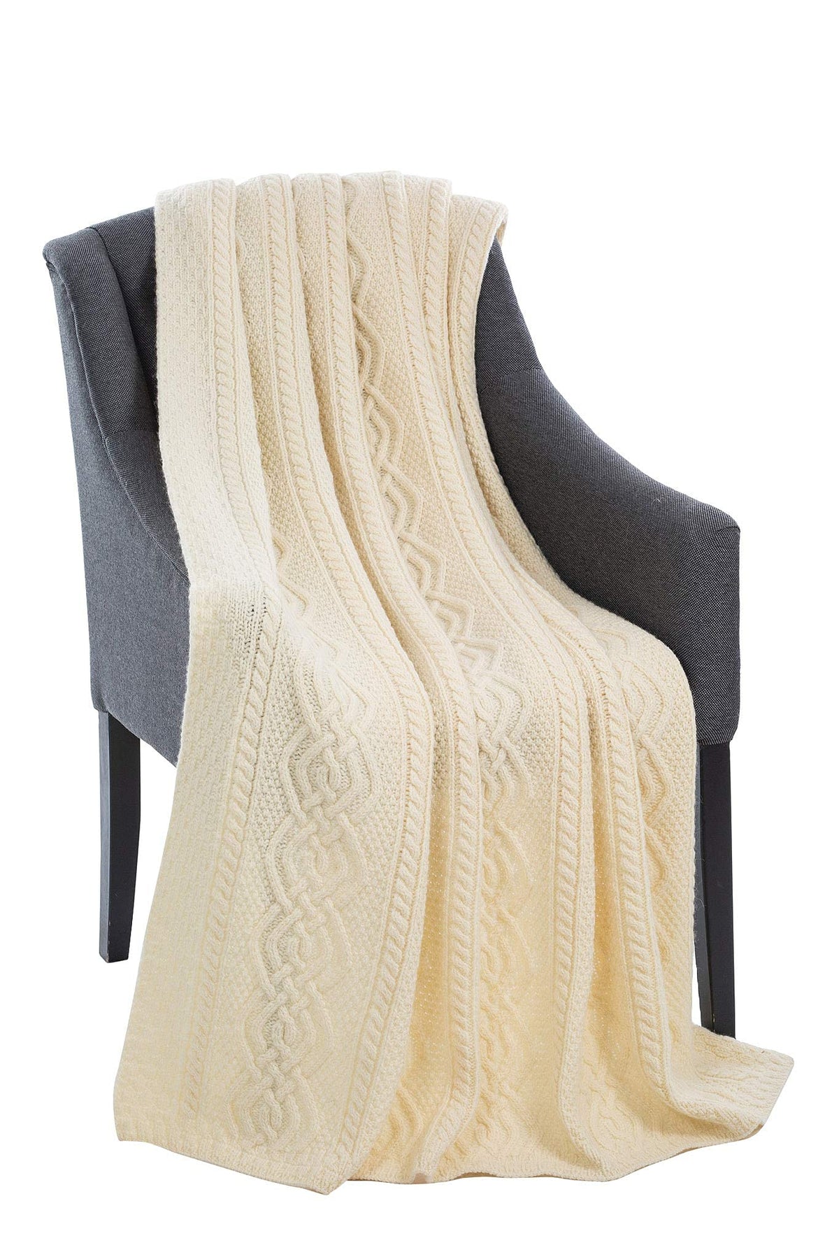 SAOL Luxurios Dara 100% Merino Wool Cable Knit Aran Bed & Couch Sofa Throw/Blanket (Natural) by 69 x 44 inches