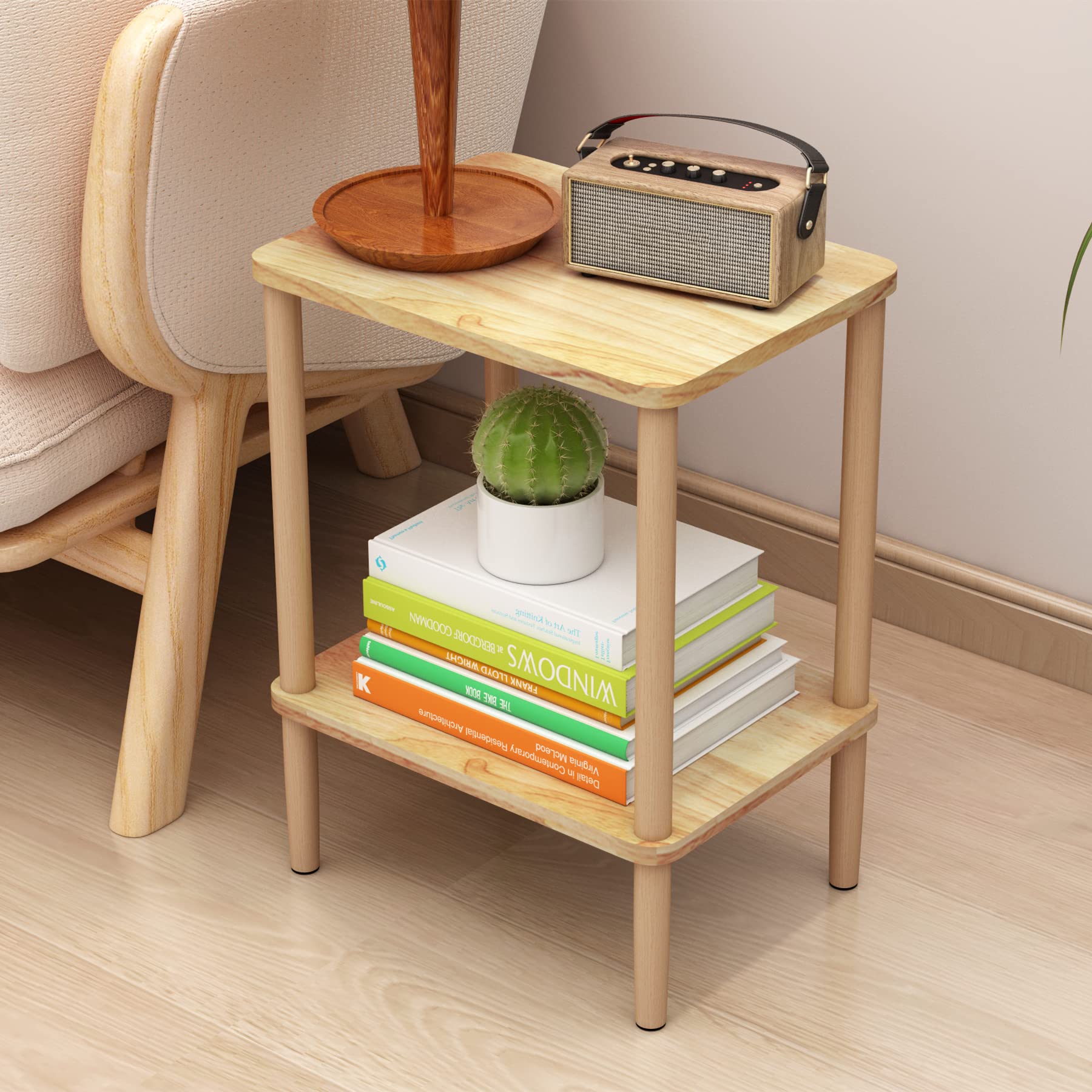 LUCKNOCK Side Table, 2-Tier Solid Wood End Table with Storage Shelf, Slim Nightstand Bedside Table for Small Spaces, Bedroom, Li