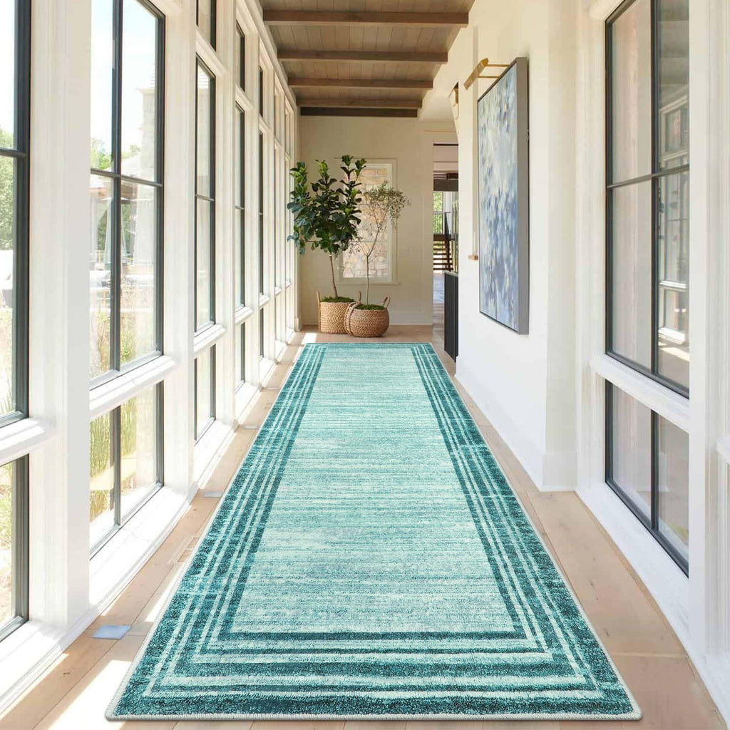 Lahome Abstract Teal 2.5x10 Runners for Hallways,Washable Modern Long Kitchen Runner Rug Non-Slip,Low-Pile Soft Carpets Minimali