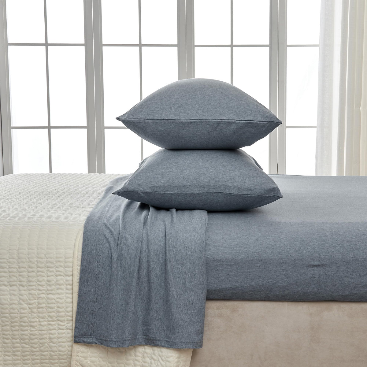 4 Piece Jersey Knit King Cotton Blend Blue Sheet Set | Ultra-Soft T-Shirt Jersey Bedding Sheets & Pillowcases | Heathered, Breat