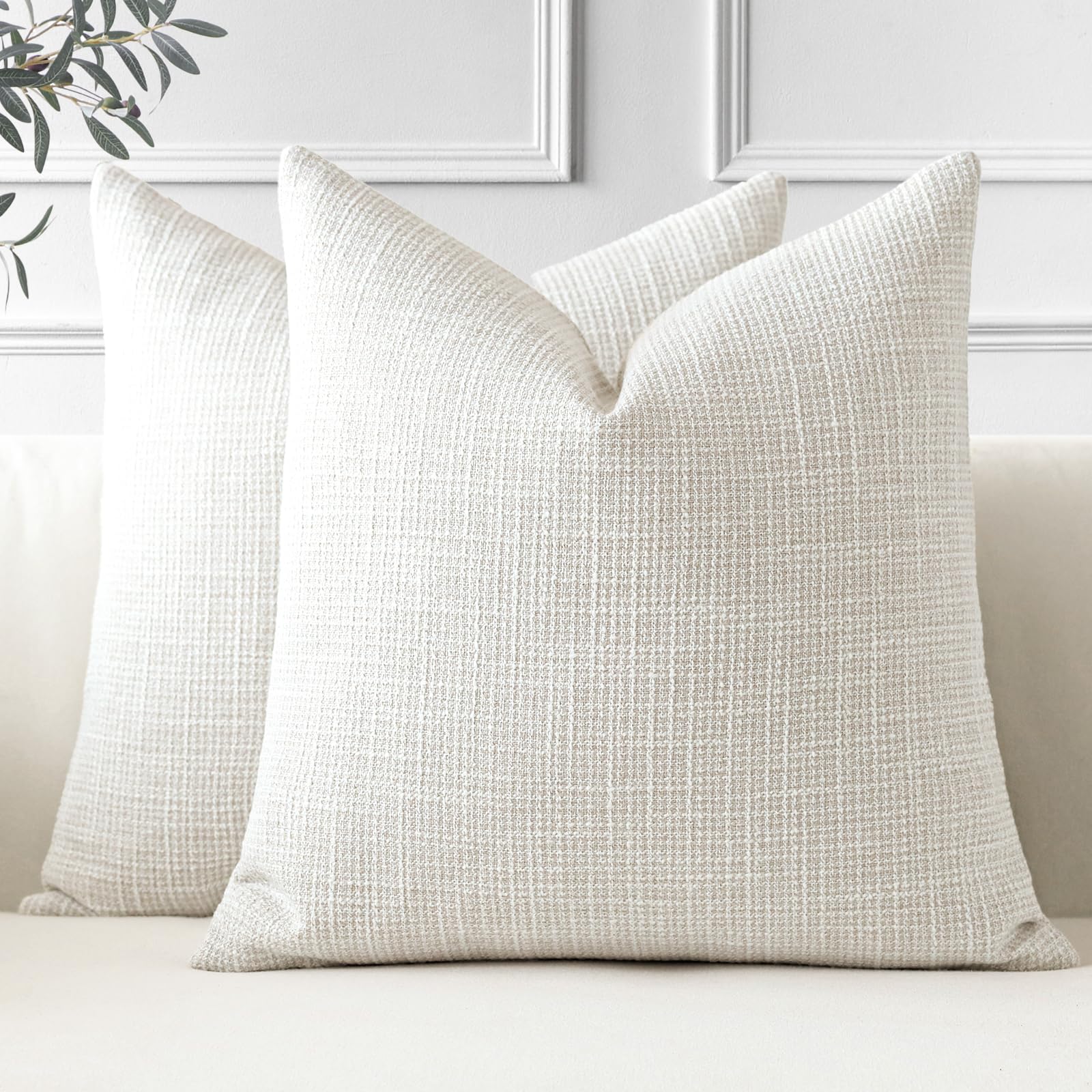 Otostar Pack Of 2 Throw Pillow Covers 18X18 Inch Linen Beige Pillowcases Farmhouse Decorative Solid Pillow Covers 45X45 Cm Squar