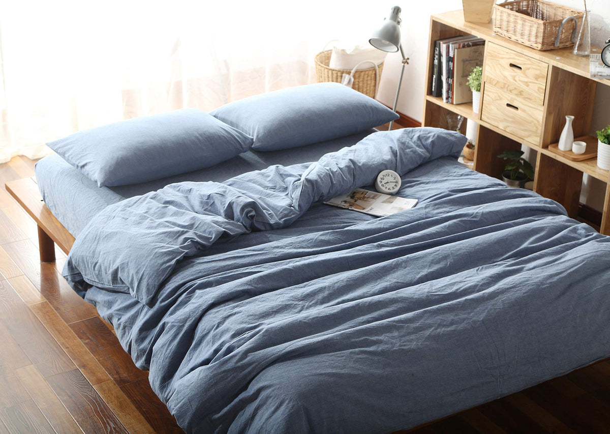 F.Y.Dreams 100% Washed Cotton Duvet Cover For Weighted Blanket 48X72 Inches With 8 Ties,Zipper On Long Side/Demin Blue/Just Duve