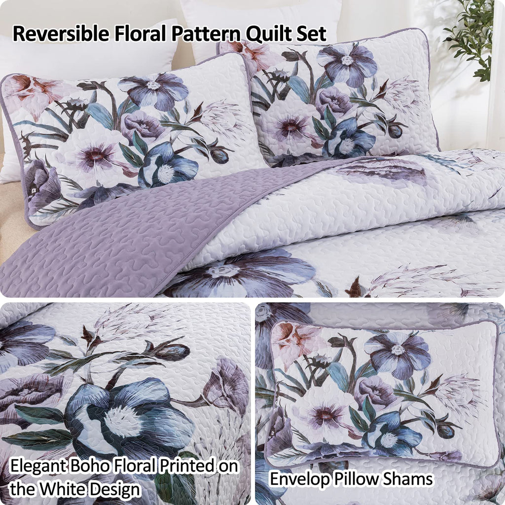 Drucon Floral Quilt Set King 3 Pieces Boho Purple Quilt Coverlet Set Soft Microfiber Lightweight Purple Floral Quilted Bedspread