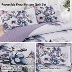 Drucon Floral Quilt Set King 3 Pieces Boho Purple Quilt Coverlet Set Soft Microfiber Lightweight Purple Floral Quilted Bedspread