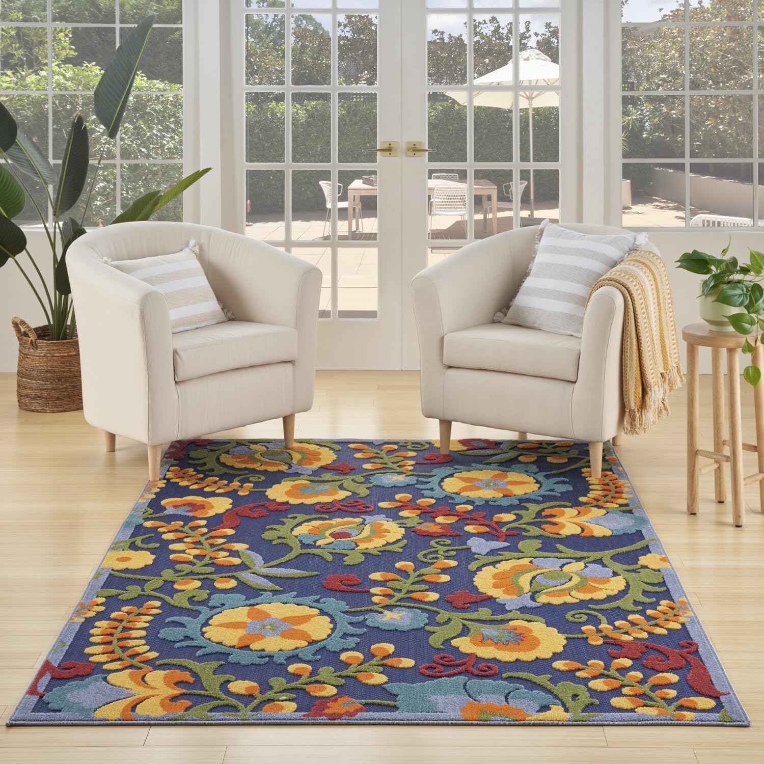 Nourison Aloha Indoor/Outdoor Modern Navy Multicolor 5'3' X 7'5' Area Rug, Easy Cleaning, Non Shedding, Bed Room, Living Room, Dining Room, Backyard, Deck, Patio (5X7)