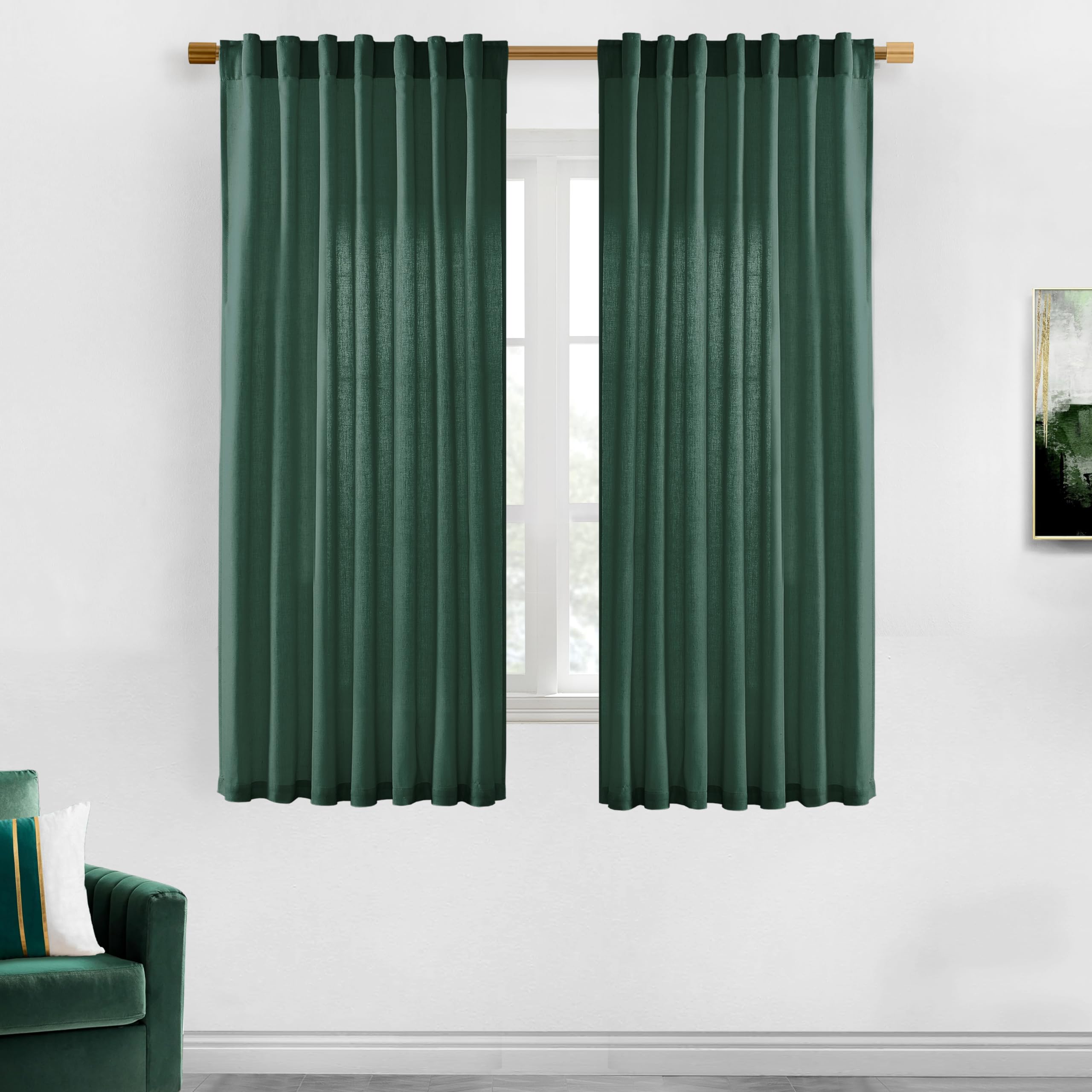 XTMYI Dark Green Curtains for Bathroom Set Decor,Linen Sheer Leaf Green Boho Curtains for Kitchen 63 Inch Length 2 Panels,Deep P