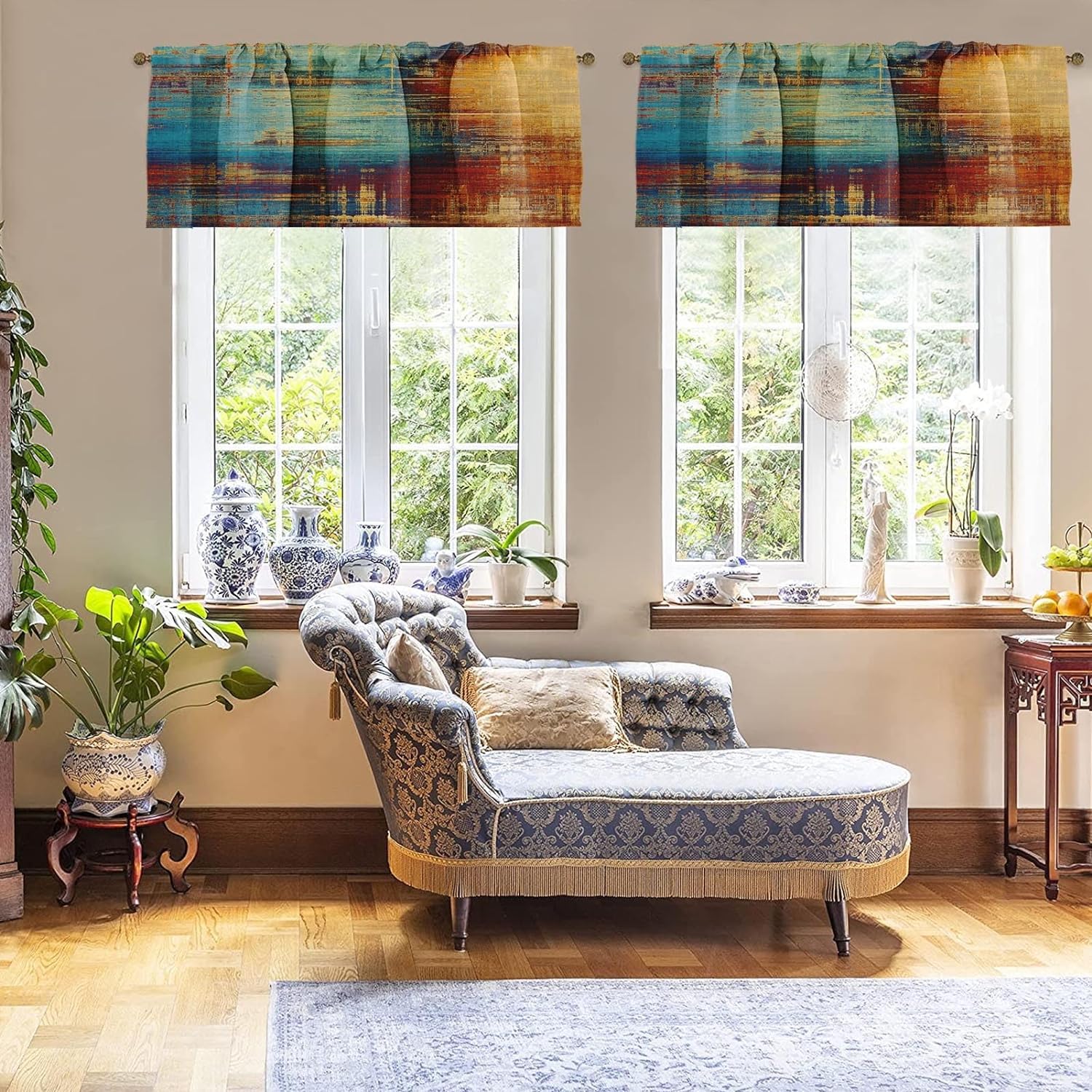 Emvency 2 Pack Valances Window Treatments, Blue And Orange Vintage Messy Rust Blackout Drapes Adjustable Curtain Valances For Wi