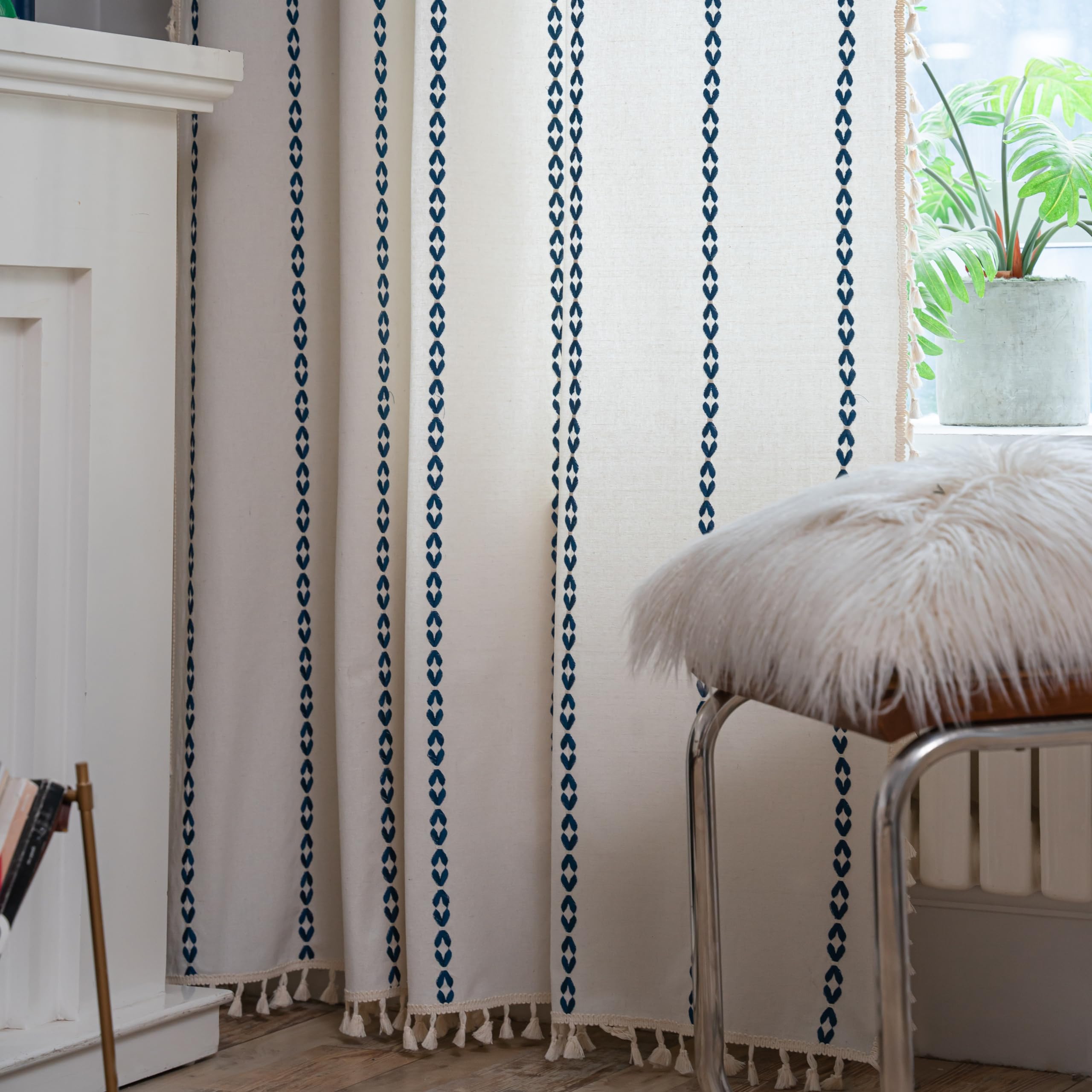 Sutuo Home Boho Curtains 84 Inches For Bedroom Living Room, Semi Blackout Farmhouse Vintage Tassels Window Treatment Bohemian Embroidery Drape, Rod Pocket 1 Panel 52' W X 84' L, White And Navy Blue