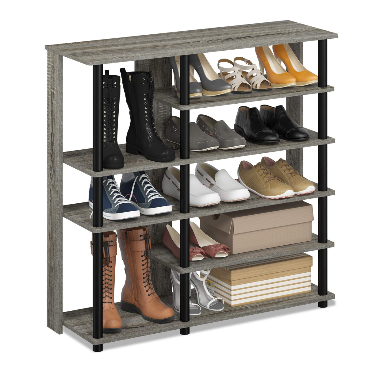 Furinno Turnntube Multi Storage Shoe Rack, 35.2 Inch W 6Tier, French Oak Grey/Black