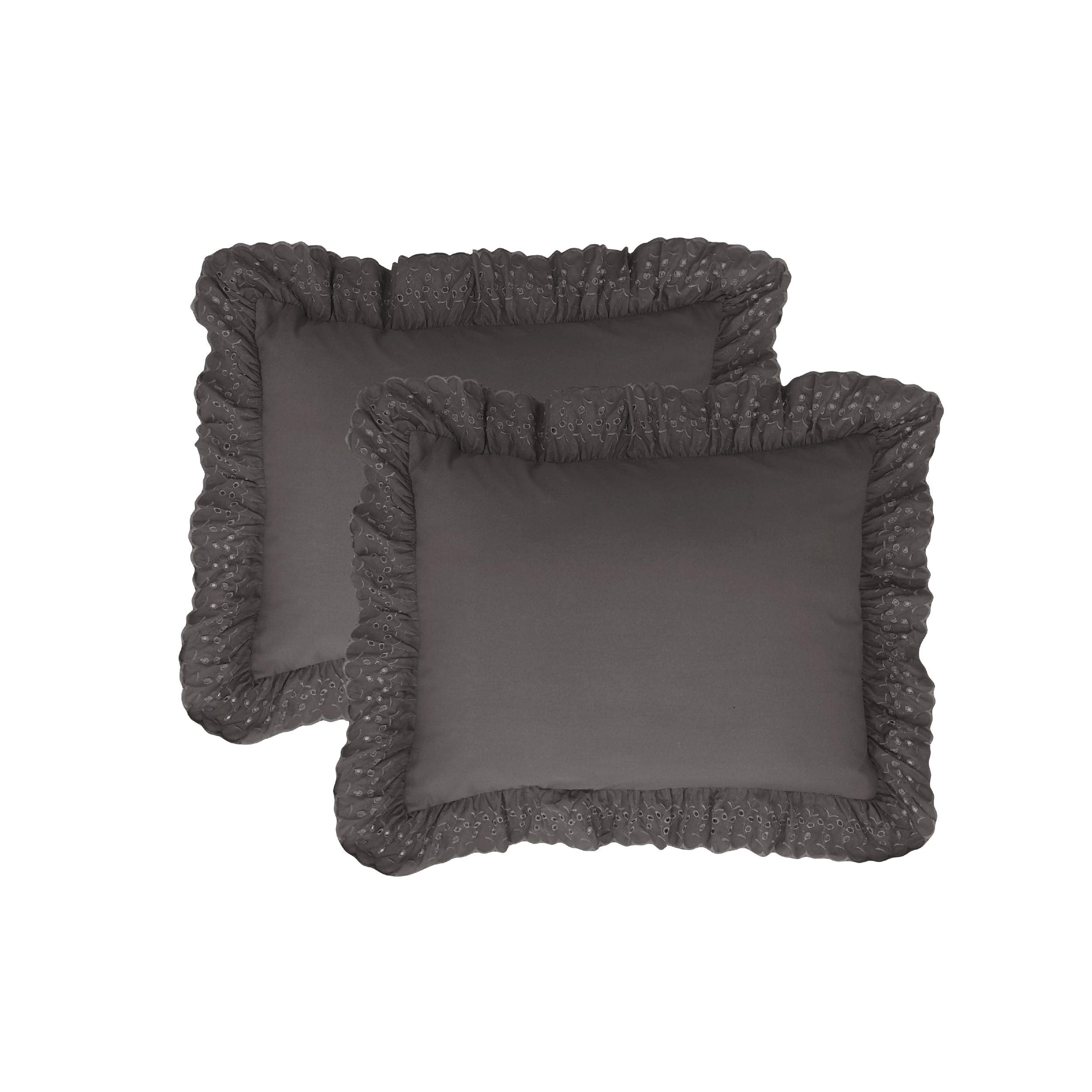 Fresh Ideas Ruffled Bed Pillow Shams with Embroidered Eyelet Detail, King, Grey, 2-Pack