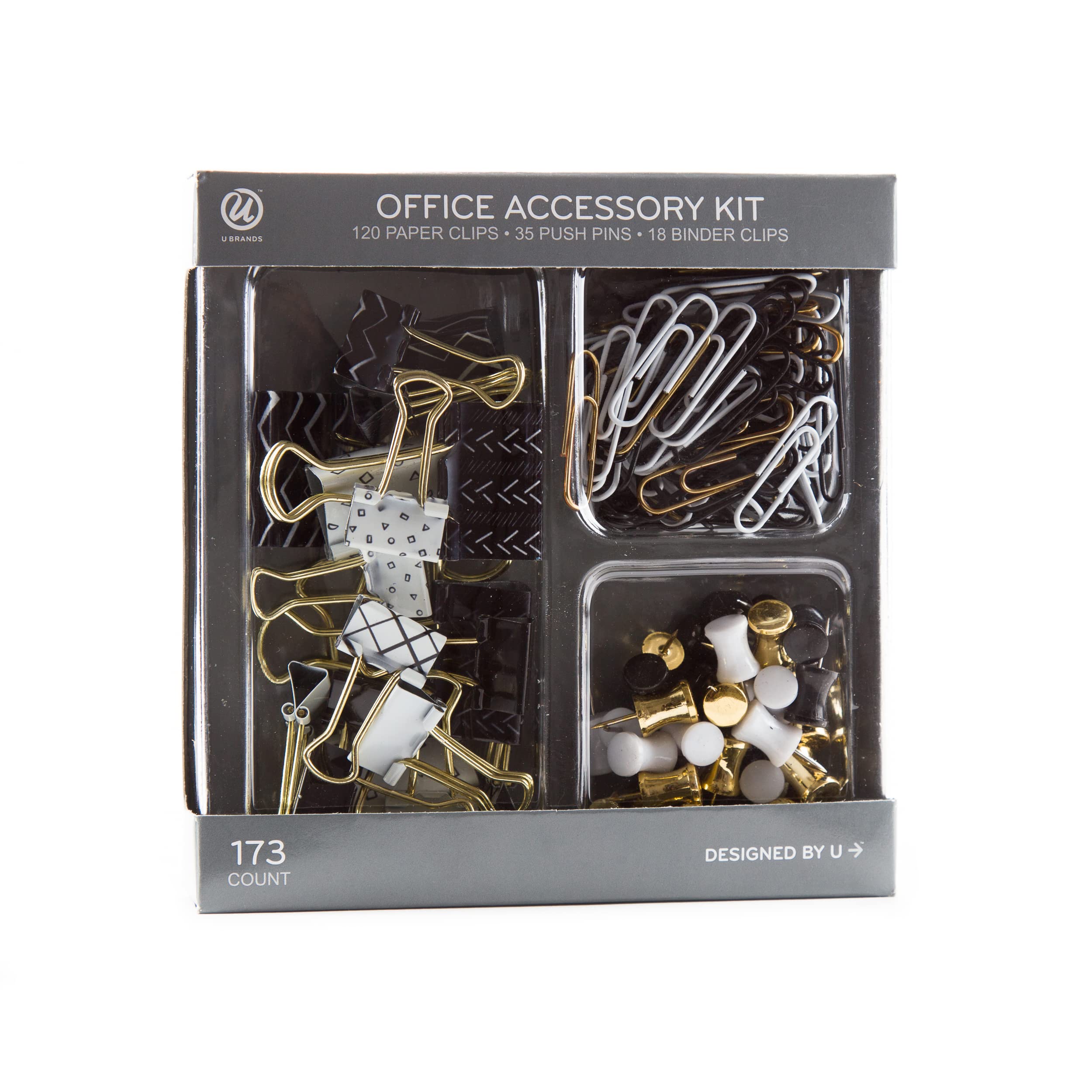 U Brands Office Accessory Kit, Office Supplies, Black And White With Gold, Push Pins, Paper And Binder Clips, 173 Count
