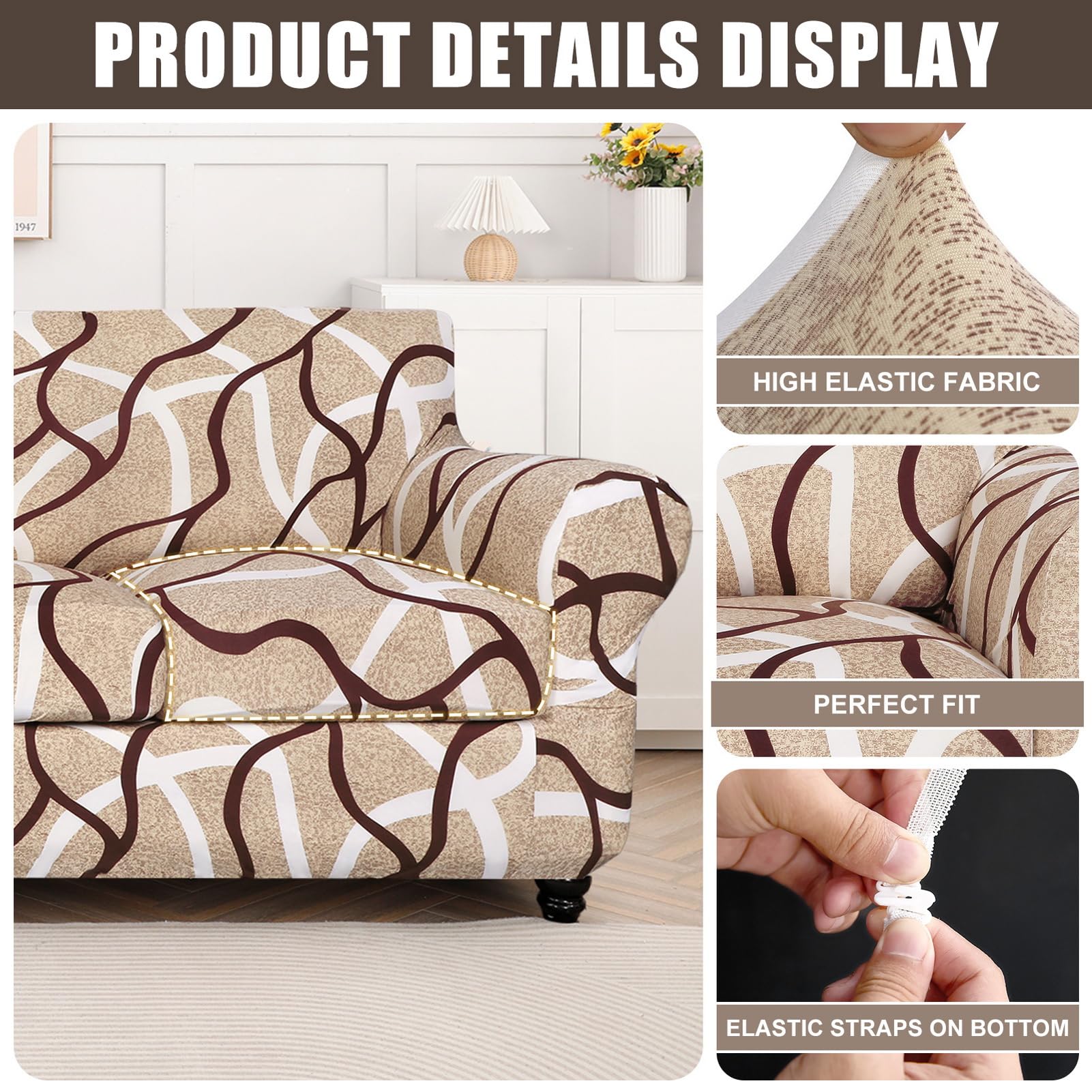 Searchi Stretch Sofa Cover Printed Couch Cover, Floral Pattern 3 Pieces Loveseat Slipcover With 2 Separate Cushion Cover, Washable Furniture Protector For Living Room(Loveseat, Khaki)