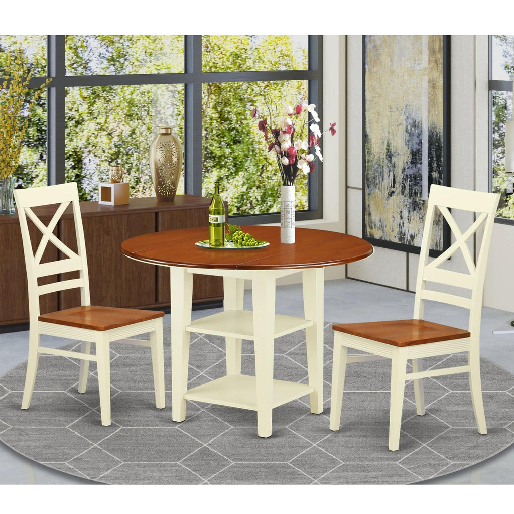 East West Furniture SUQU3-BMK-W 3 Piece Modern Dining Table Set Contains a Round Wooden Table with Dropleaf & Shelves and 2 Dining Chairs, 42x42 Inch, Buttermilk & Cherry