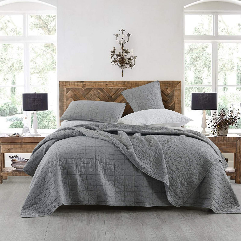 Horimote Home Quilt Set Queen Size, Stone-Washed Chic Rustic Grey Quilt With Classic Triangle Stitched Pattern, Ultra Soft Light