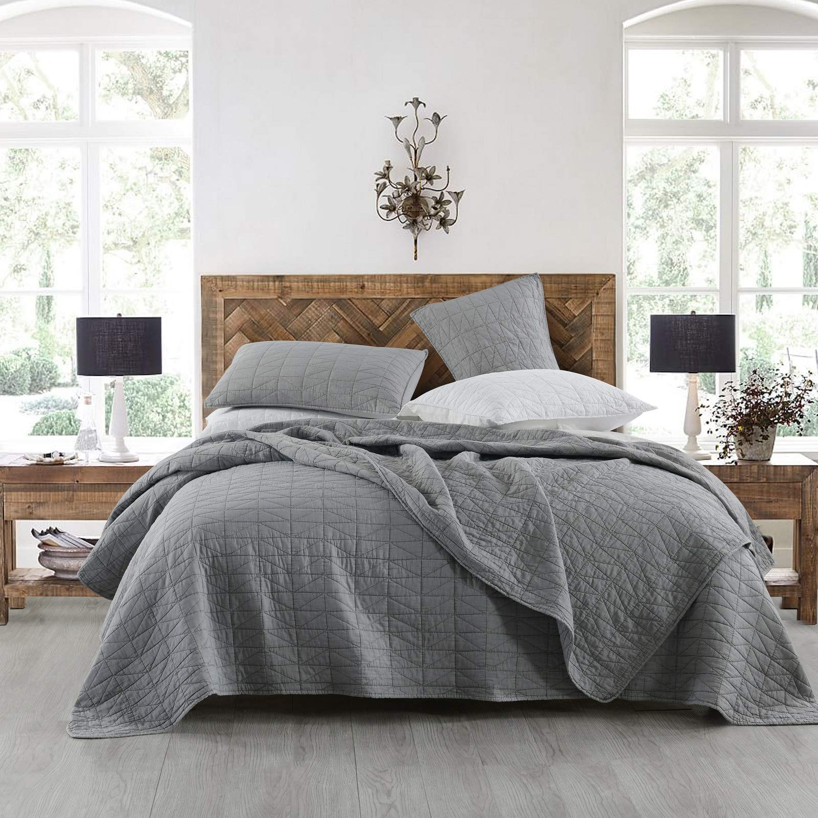 Horimote Home Quilt Set Queen Size, Stone-Washed Chic Rustic Grey Quilt With Classic Triangle Stitched Pattern, Ultra Soft Light