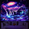 Blacklight Galaxy Tapestry Trippy Planet Tapestry UV Reactive Waterfall Landscape Tapestry Fantasy Mountain Wave Wall Tapestry M