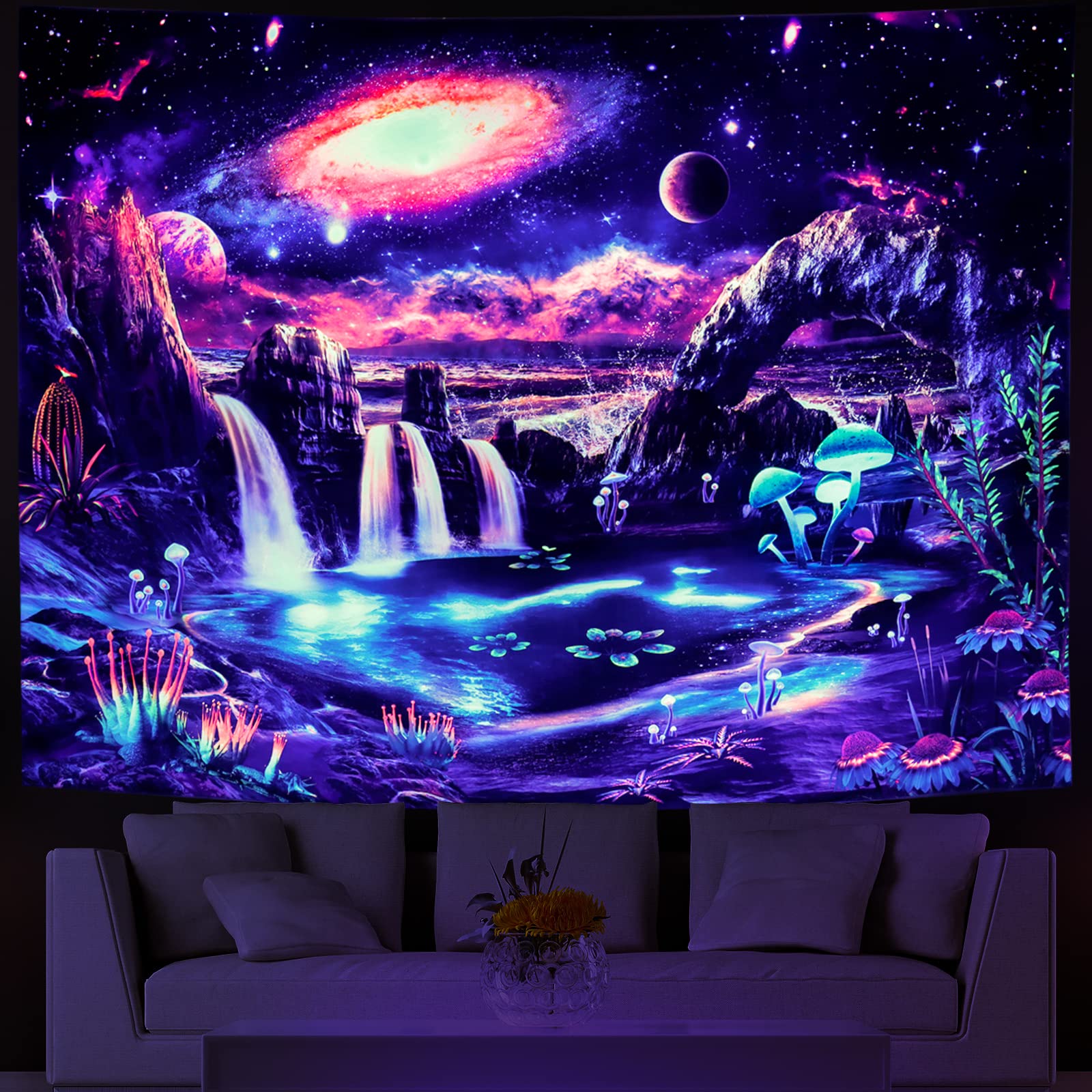 Blacklight Galaxy Tapestry Trippy Planet Tapestry UV Reactive Waterfall Landscape Tapestry Fantasy Mountain Wave Wall Tapestry M